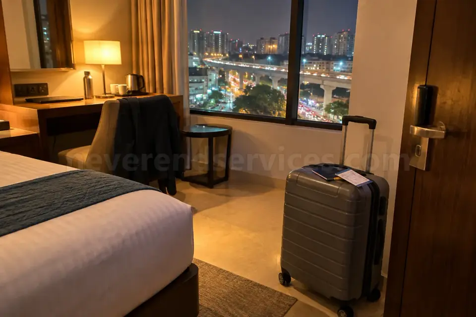 A packed cabin suitcase by a Bangalore hotel room door on the last evening of a work trip