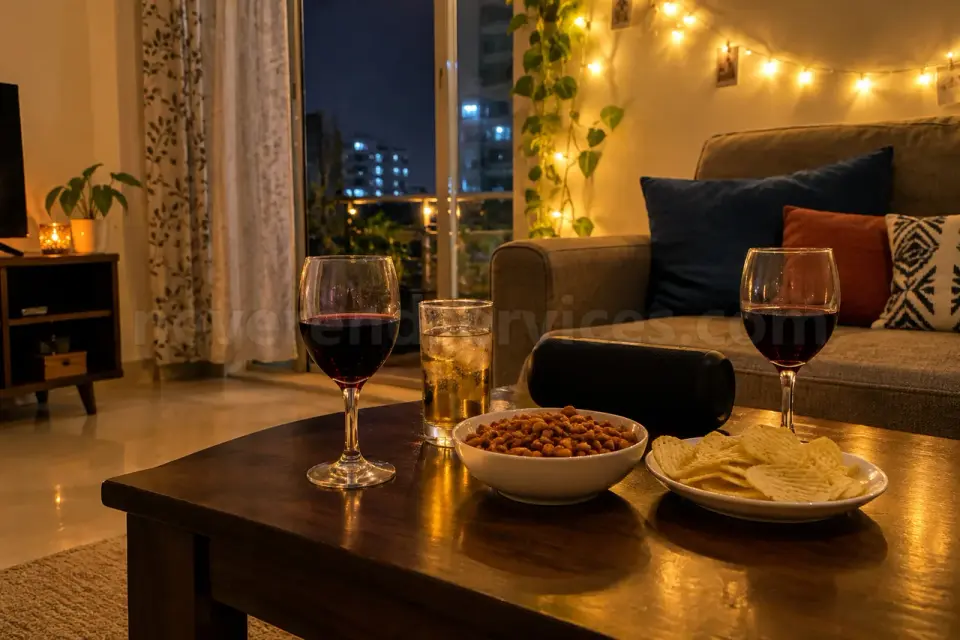 Three glasses, peanuts and fairy lights on a small table in a Bangalore flat