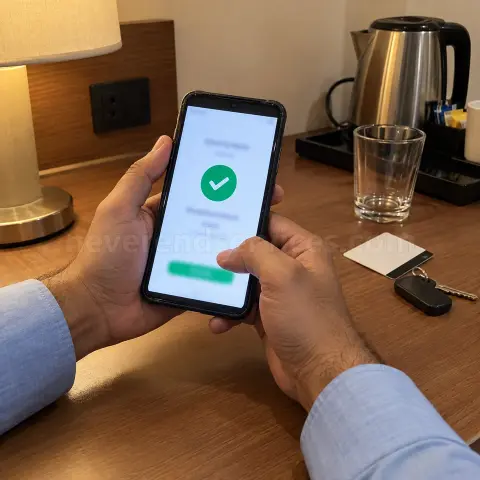 Paying by UPI in a Bangalore hotel room after she has arrived, with a green payment-done tick on the phone